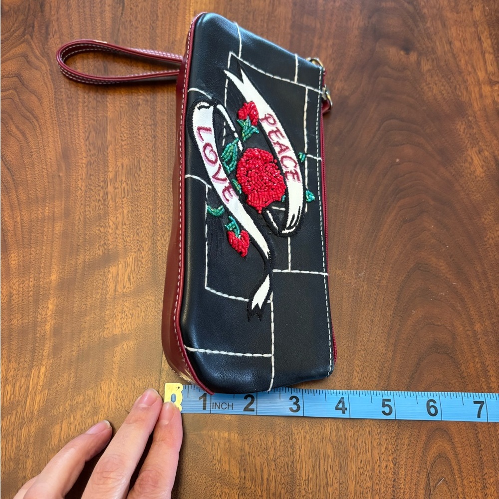 Vintage Isabella Fiore Peace Love Black Red Embroidered Beaded Wristlet Clutch - Picture 8 of 11